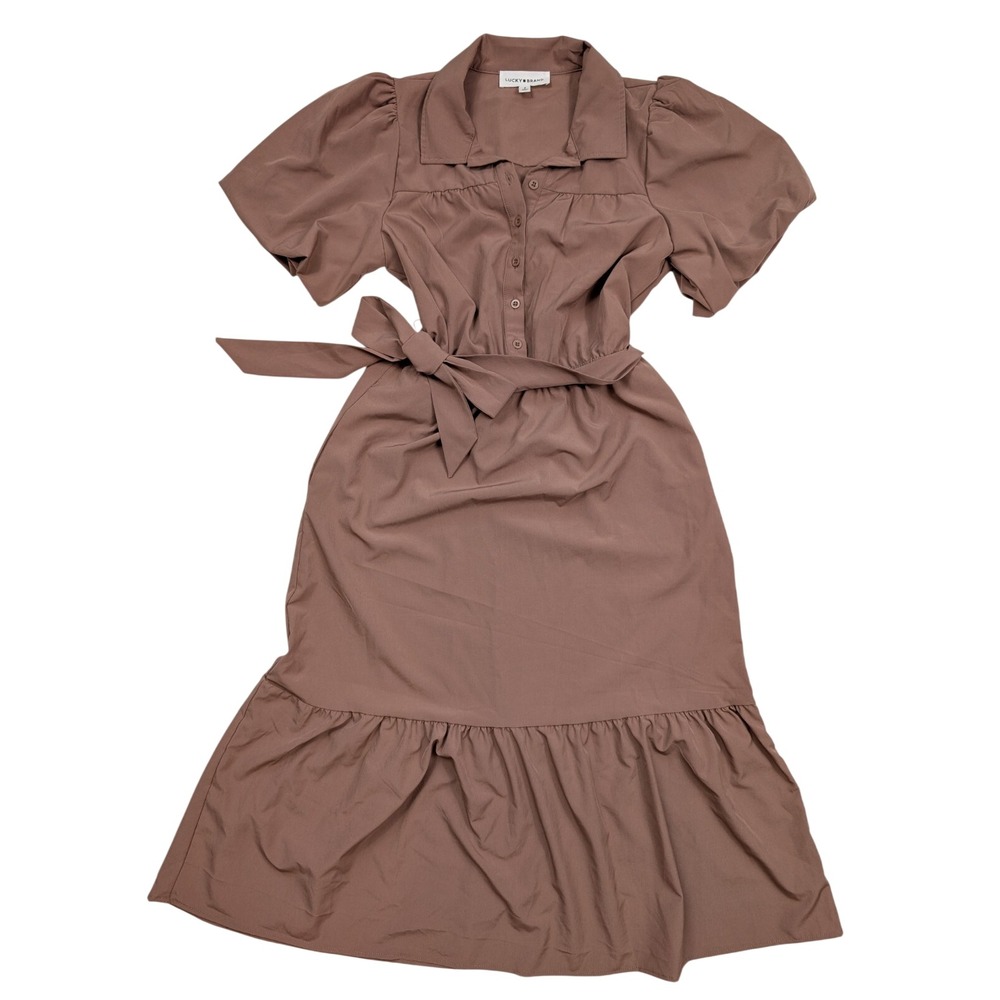 Lucky Brand Mauve Bubble Sleeve Belted Shirt Dress Womens Small Brown Midi